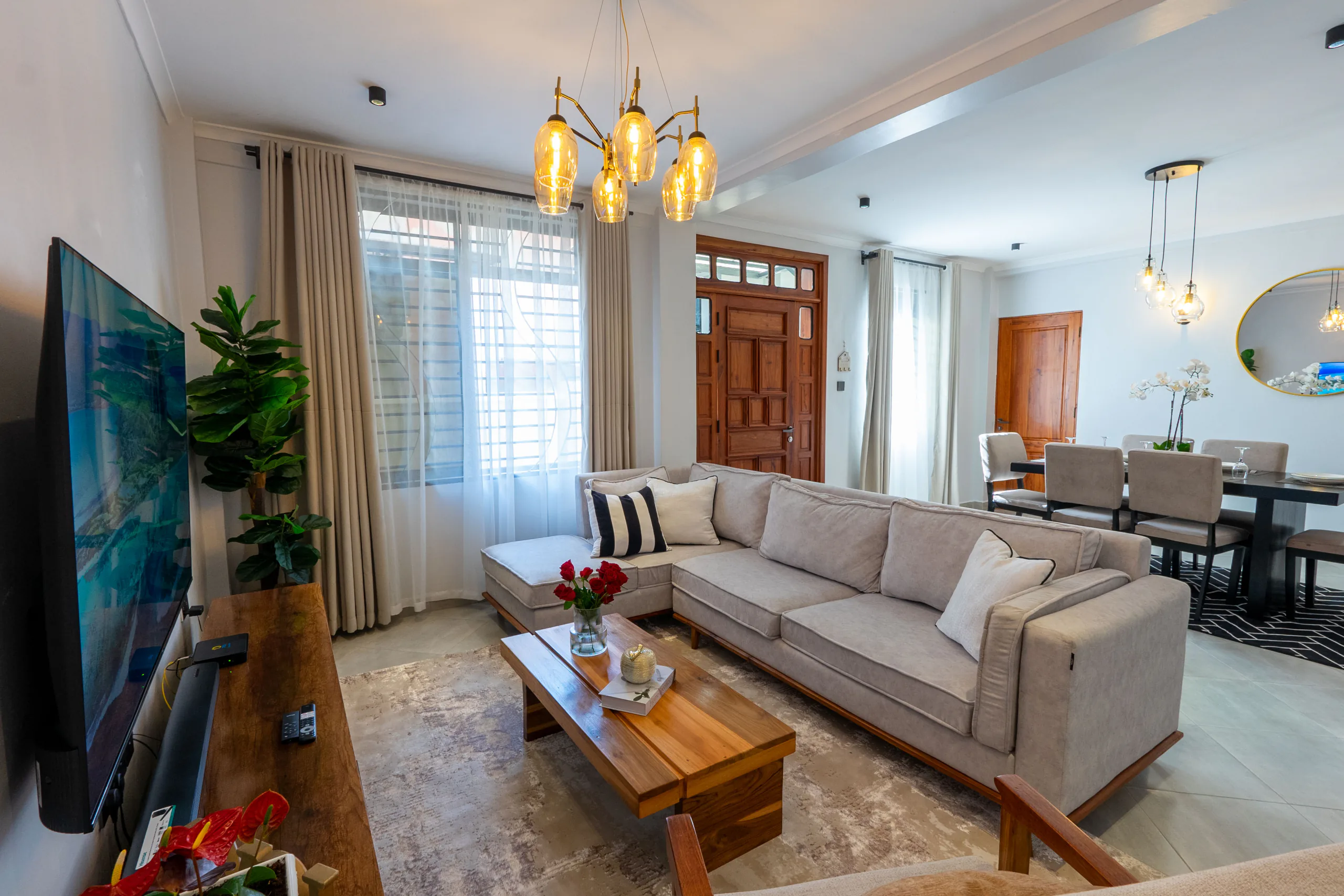 Living Room and Kitchen at Family-Friendly 2BR, a Serenita Collection serviced apartment in Arusha, Tanzania